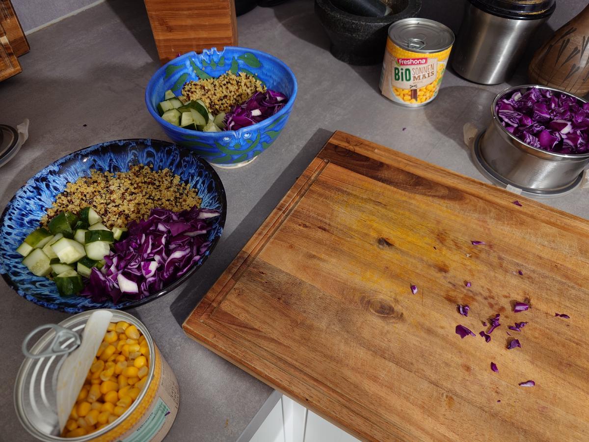 Two bowls part-built on the counter
