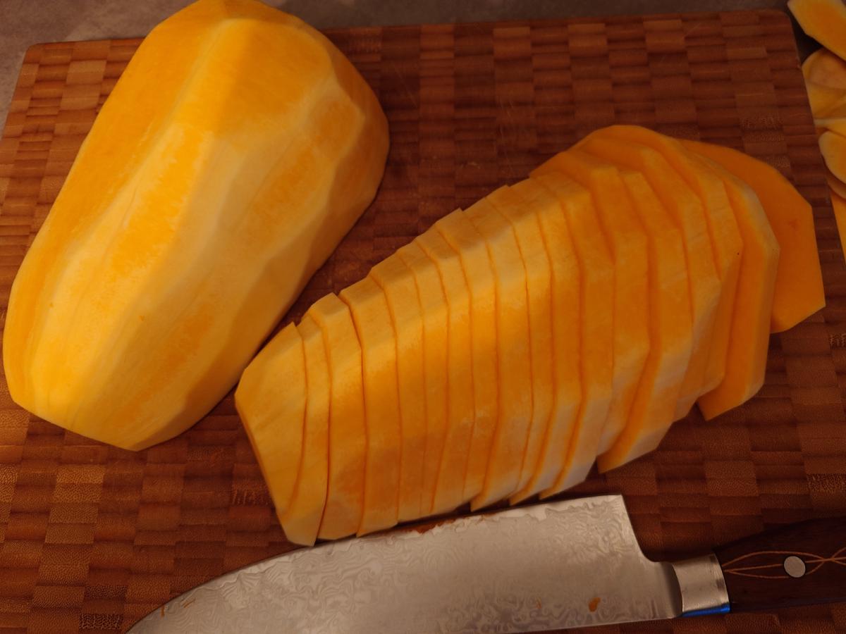 One section still whole, the other sliced into a row of even half-moons