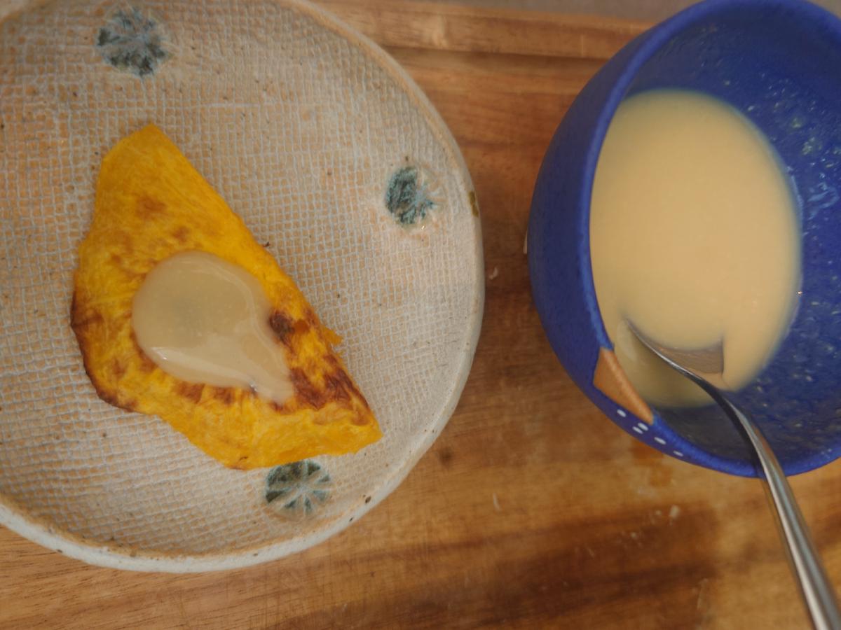 A spoonful of the thinned miso on a single roasted slice
