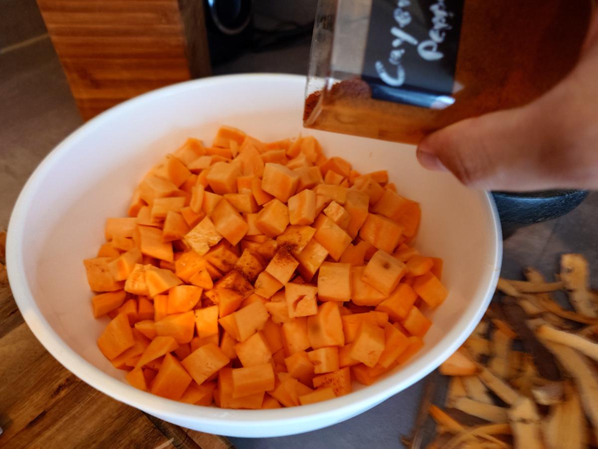 Cayenne shaken over the bowl