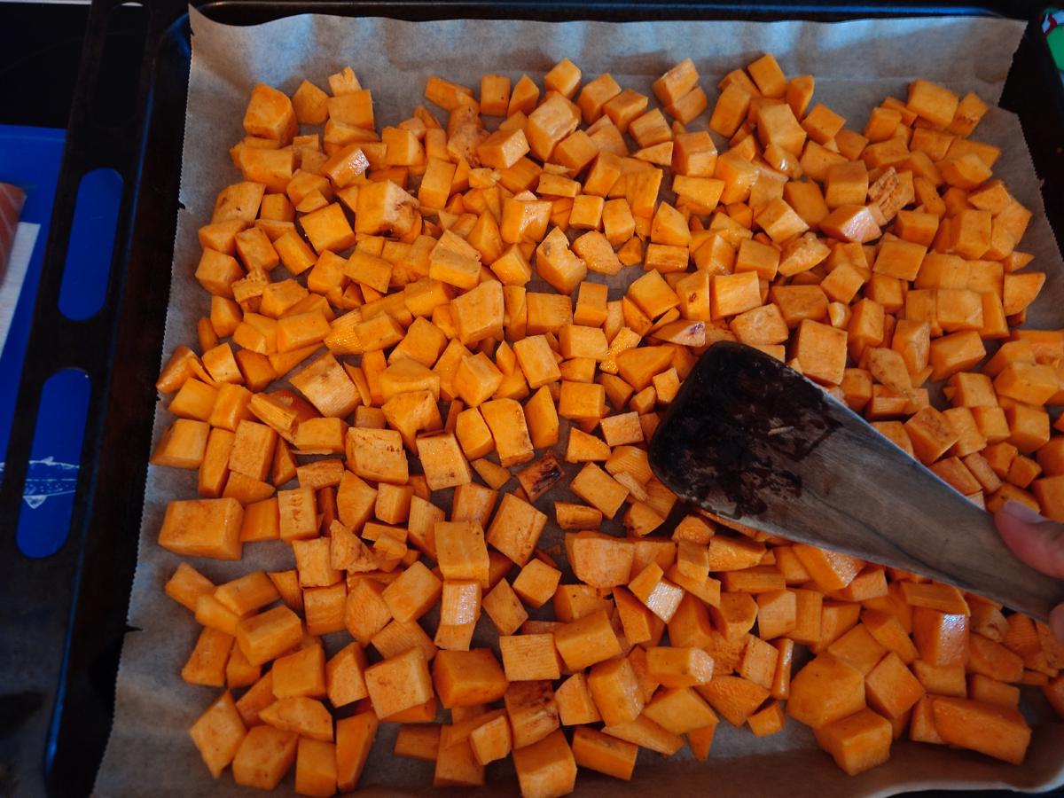 Tossed and spread out on the tray