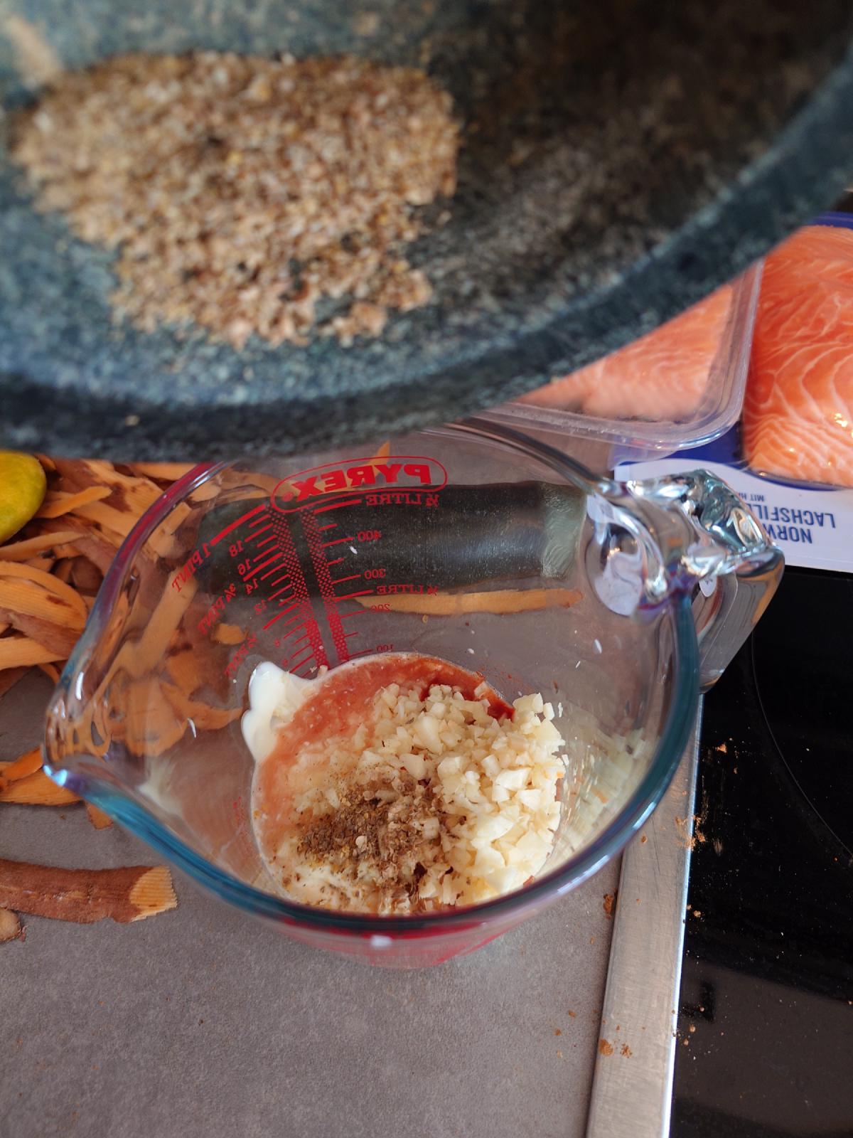 Ground seed and garlic stirred into the paprika mayo