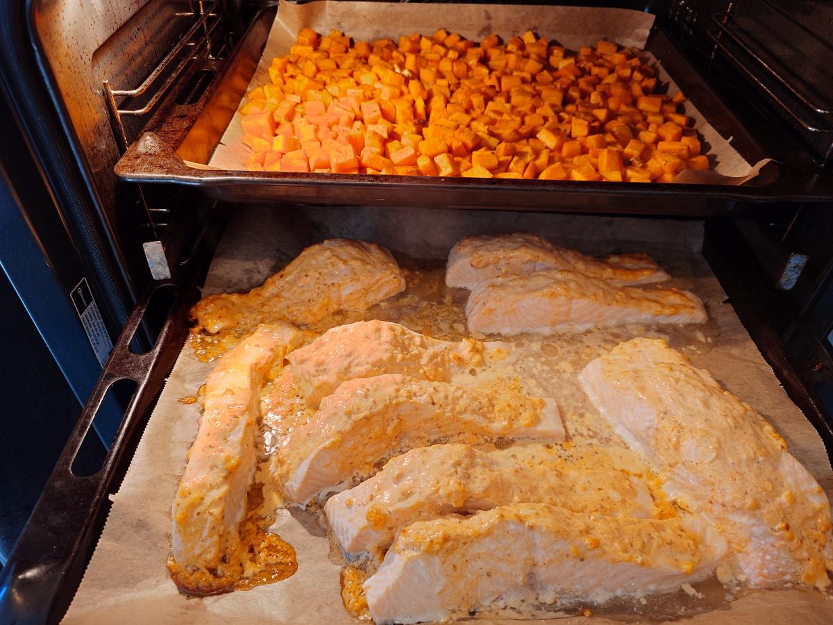 Salmon set, the crust holding on top