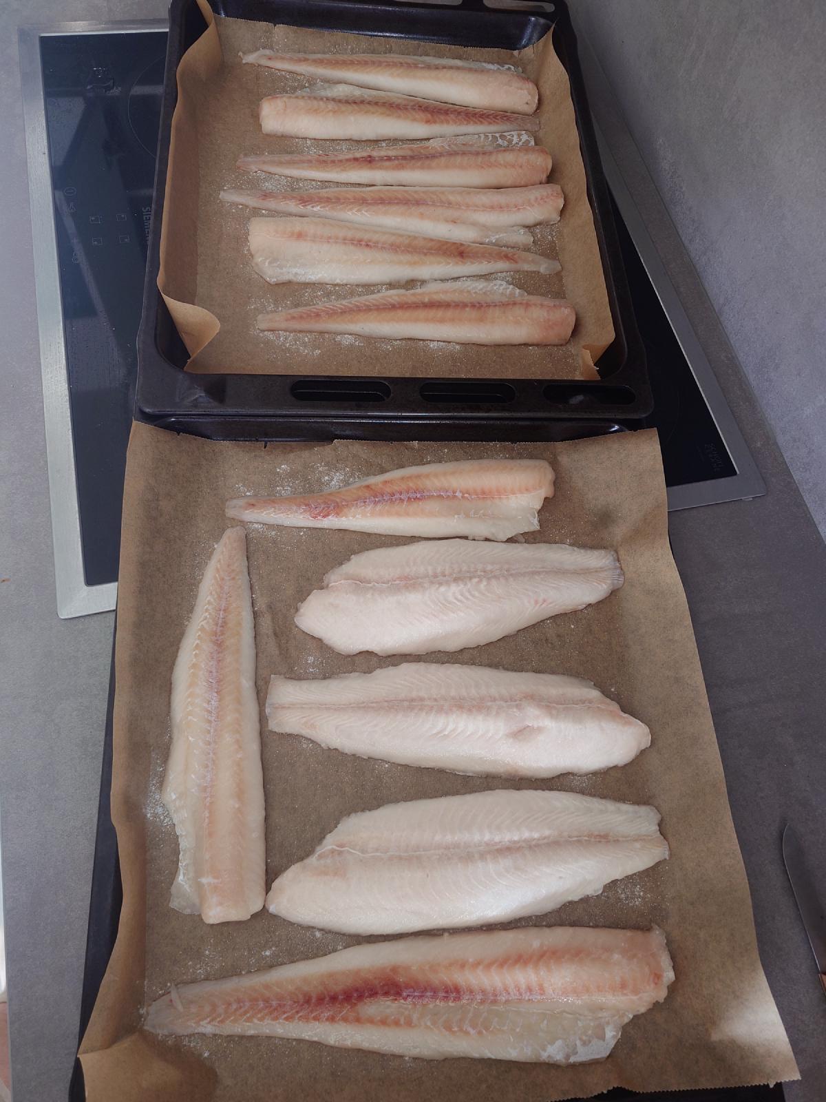 Twelve fillets spread across two parchment-lined trays, still frosted