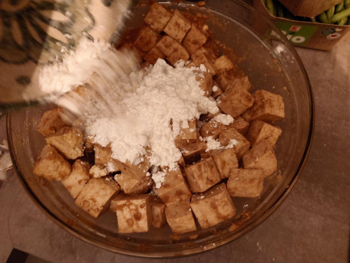 The starch tipped over the marinated cubes still sitting in their bowl