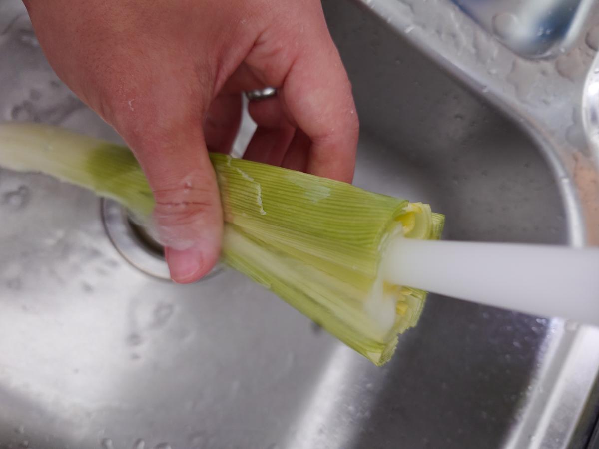 A leek held open under the running tap, the split green end fanned apart