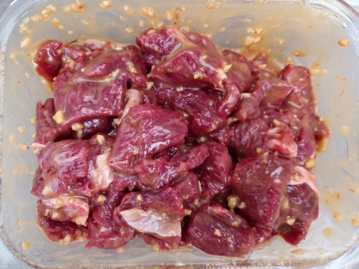 Beef turned until every piece is coated in the marinade
