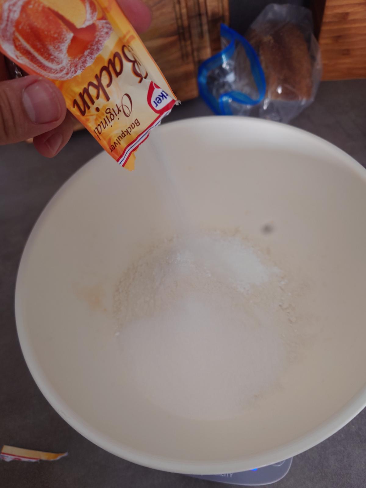 Baking powder shaken in from the sachet