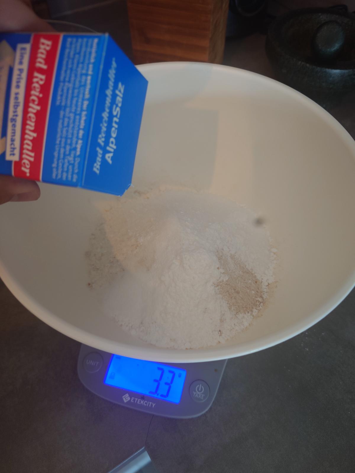 Salt poured in, 3.3 g on the scale