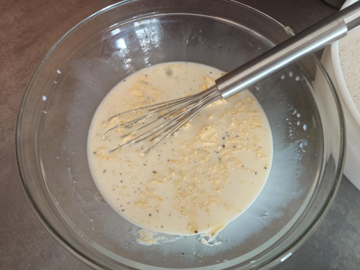 Wet ingredients whisked, melted butter through the milk