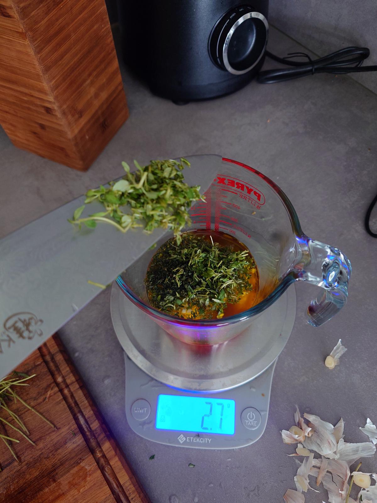Whole thyme leaves added to the cup