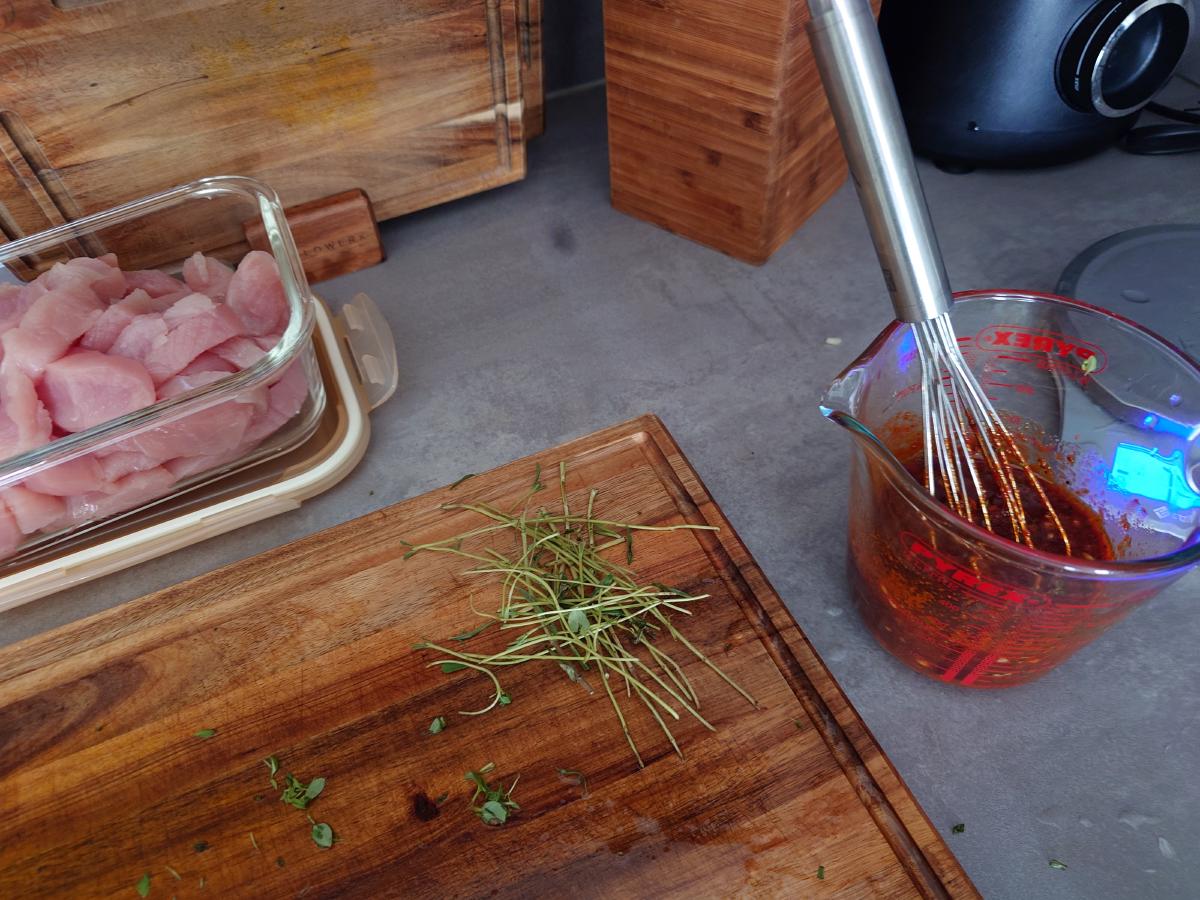 The marinade whisked to a deep red