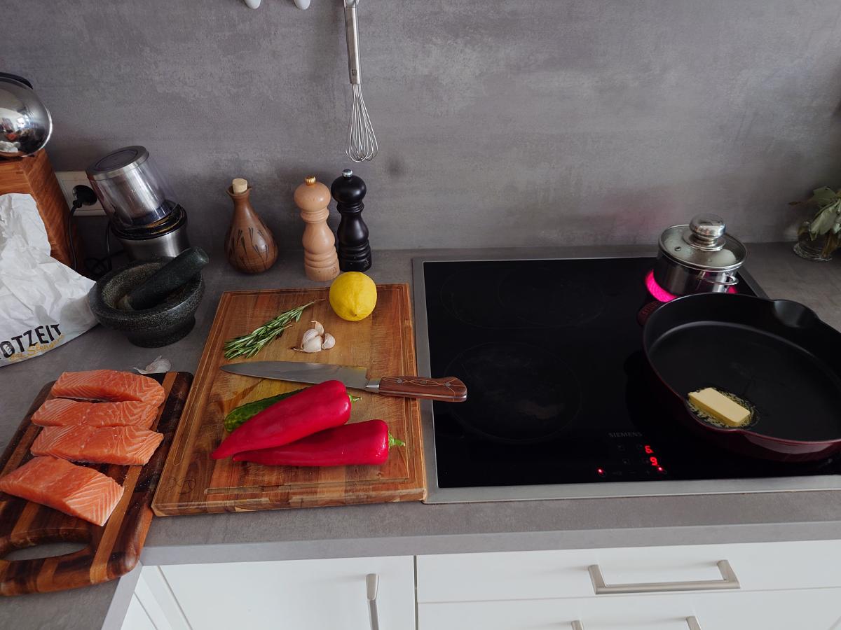 Mise en place, the pan heating with butter