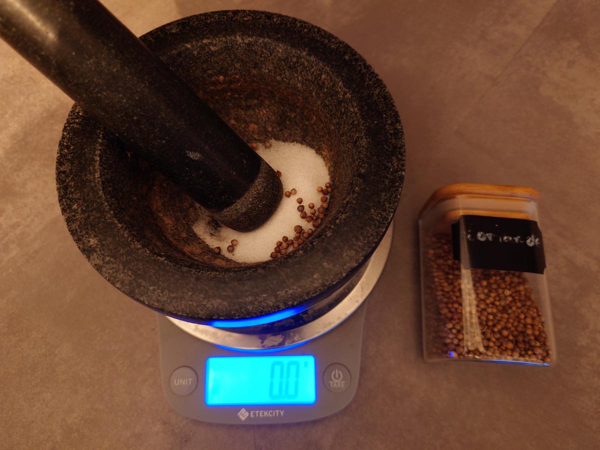 Coriander seeds tipped in with the salt and sugar
