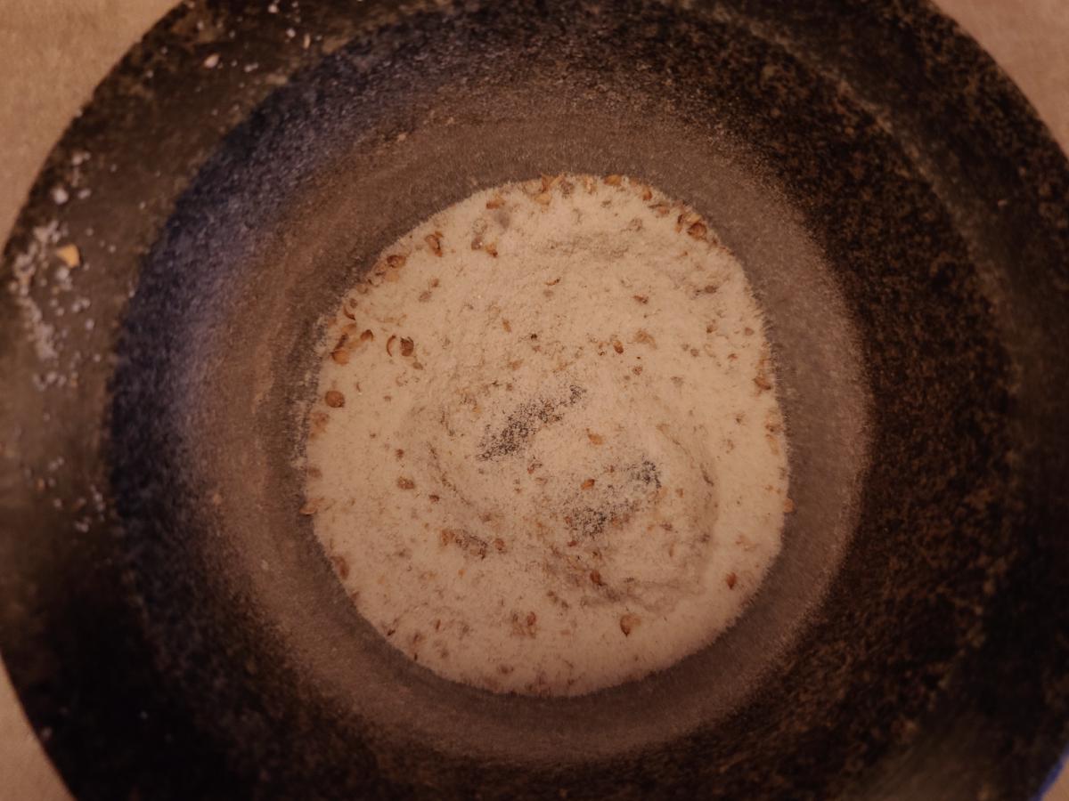 The ground brine, coriander broken up through the salt and sugar