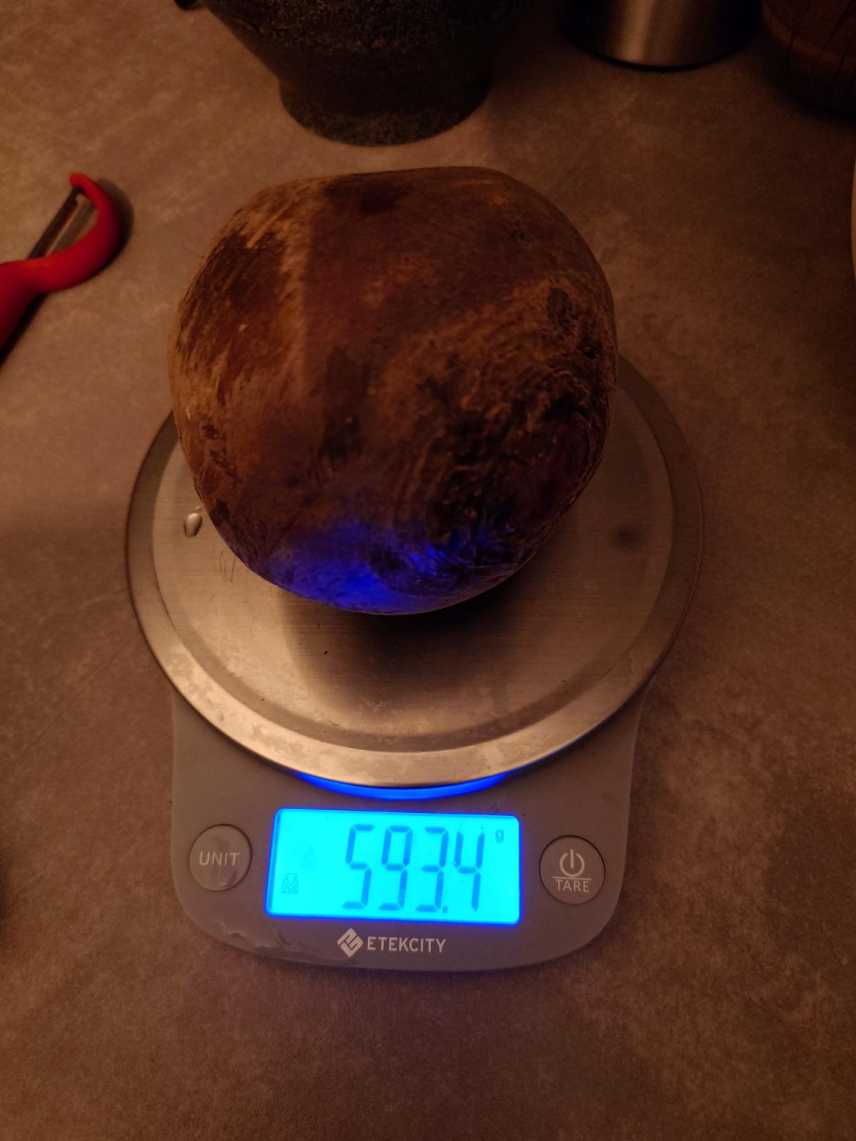 A single beet on the scale, just under 600 g