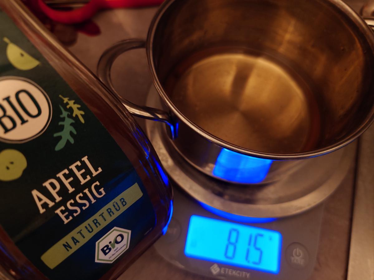 Apple cider vinegar weighed into the pot