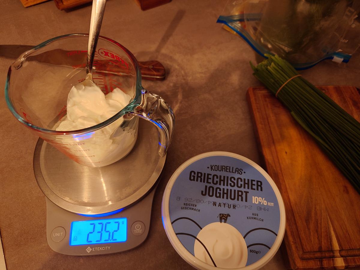 Greek yogurt weighed into the measuring jug