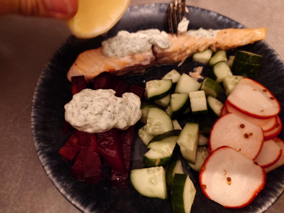 The finished plate: salmon under yogurt, beet batons, cucumber chunks and pickled radish