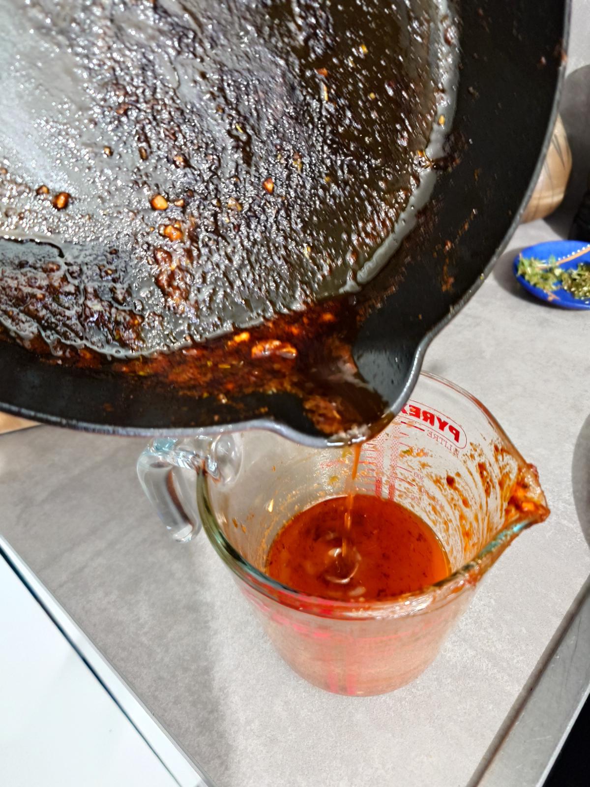 Pan juices poured into the dressing