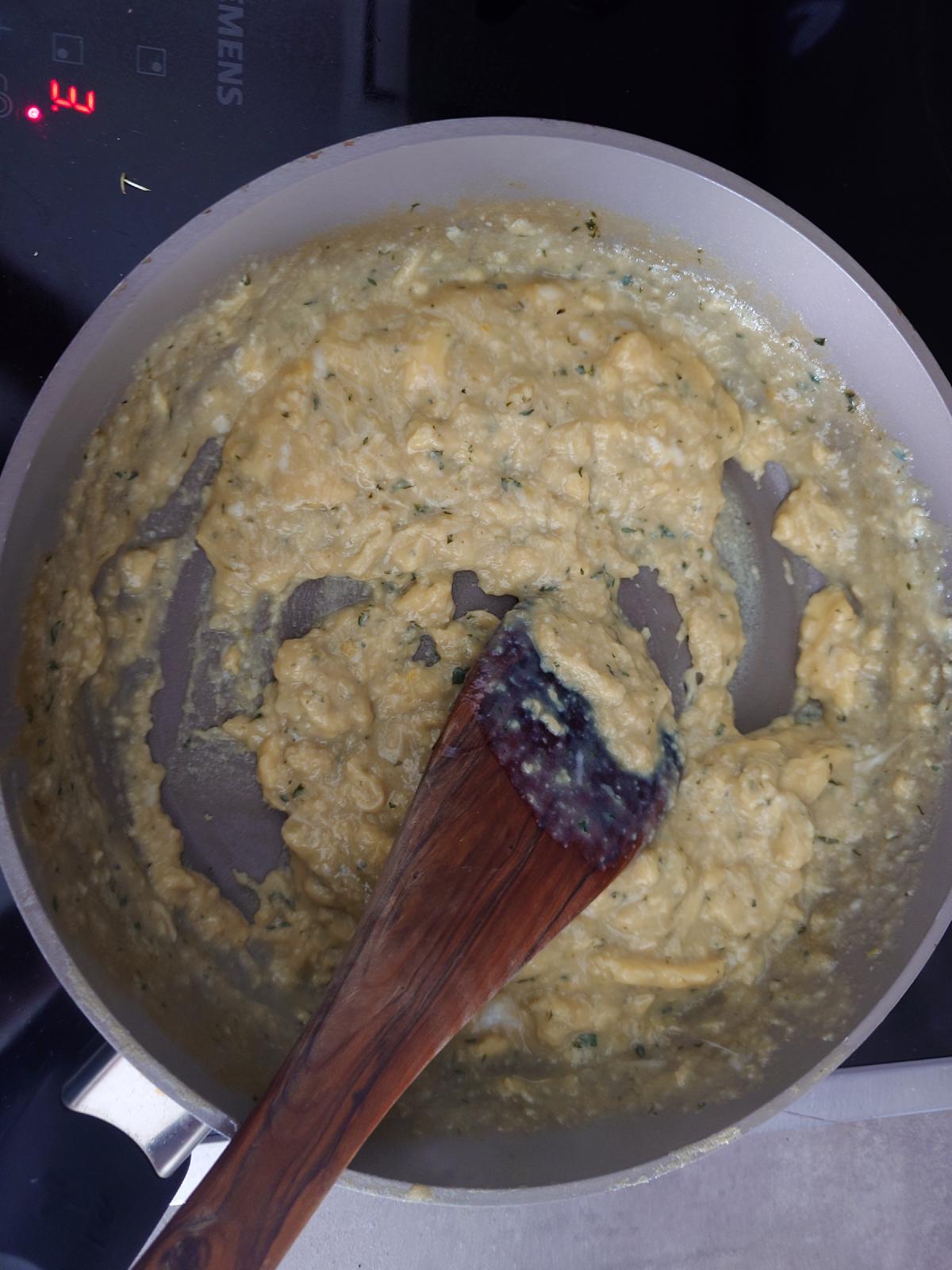 Eggs almost set, still glossy