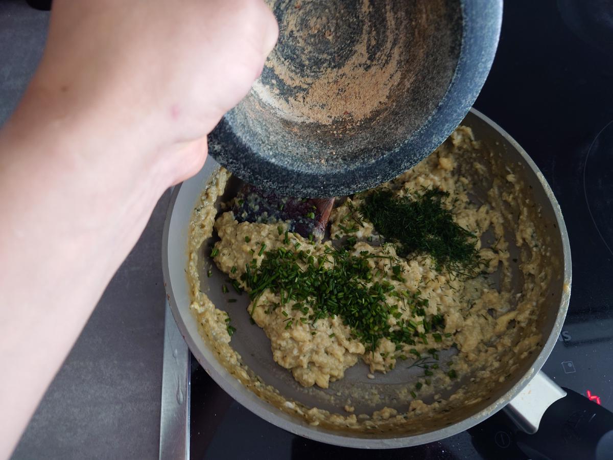 Dill, chives and white pepper folded in off the heat